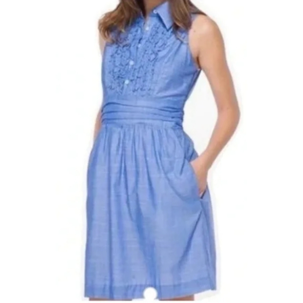Lilly Pulitzer Essie Chambray Ruffle Sleeveless Button Up Sheath Shirt Dress